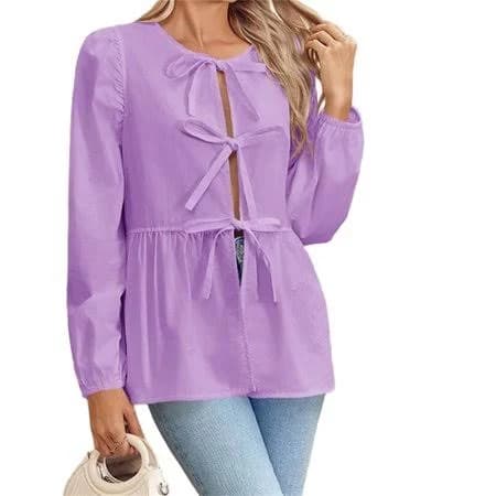 Women's Long Puff Sleeve Peplum Tie Front Top