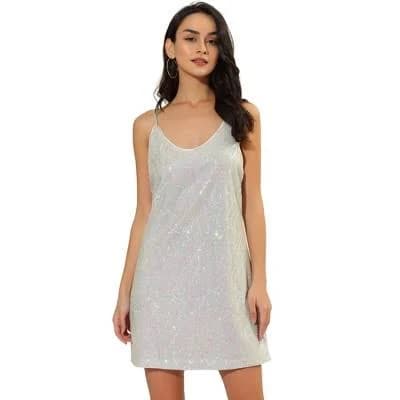 Allegra K Women's Glitter Sequin V Neck Spaghetti Strap Mini Party Dress