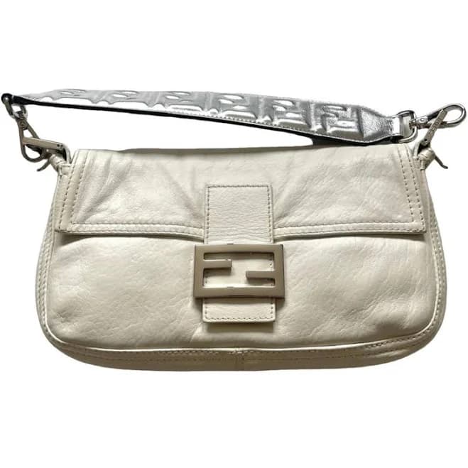 Fendi White Leather Baguette Shoulder Bag Silver Hardware
