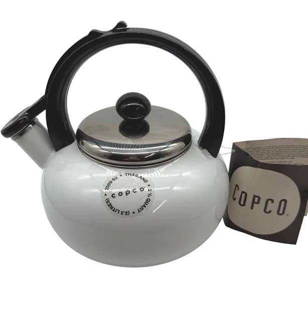 Copco 2.5 Quart White Enamel Whistling Kettle With Black Handle