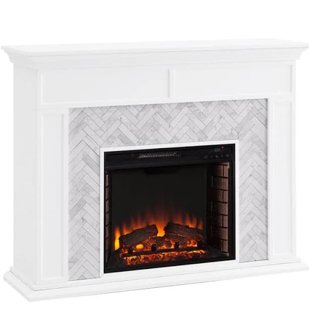 Boston Loft Furnishings 50-in W White with White and Gray Marble Fan-forced Electric Fireplace