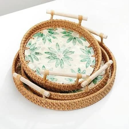 Round Rattan Wicker Woven Tray Basket