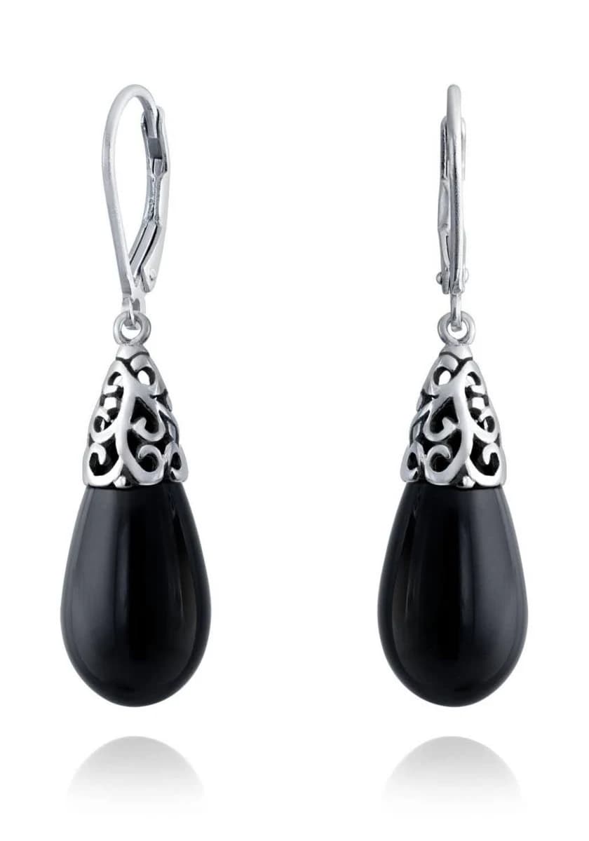 Women Bling Jewelry Boho Long Elongated Teardrop Filigree Lever Back Dangle Earrings Sterling Silver