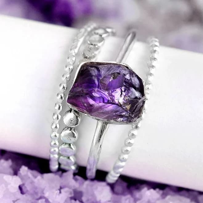 Raw Amethyst Silver Stacking Ring Set