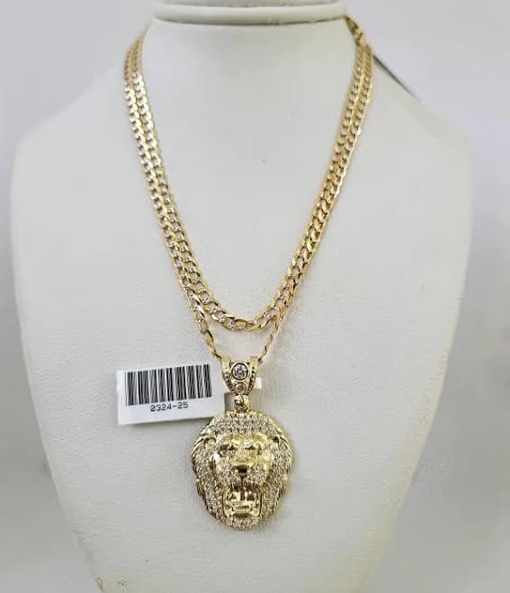 10k Gold Solid Cuban Curb Chain Roaring Lion Pendant Set 3mm 18"-26"