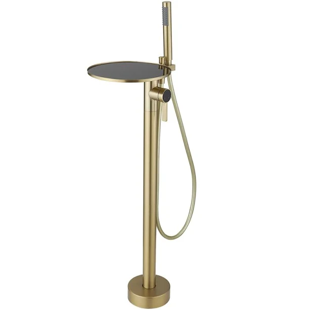 BWE Brushed Gold 1-Handle Deck-Mount Roman Low-arc Bathtub Faucet with Hand Shower