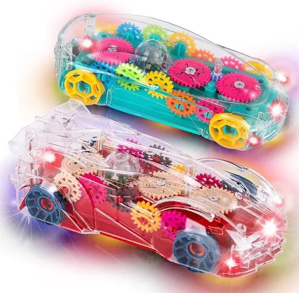 Light Up Transparent Toy Cars for Kids, Set of 2, Bump and Go Toy Cars with Colorful Moving Gears, Music, and LED Effects, Fun Educational Toy for