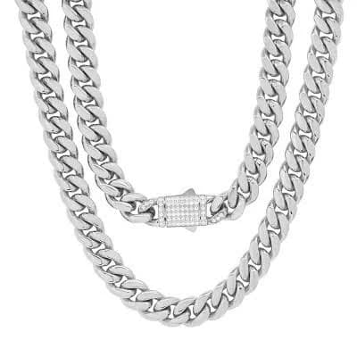 Steeltime Men's 24" Stainless Steel Cuban Link Chain Necklace with Simulated Diamonds