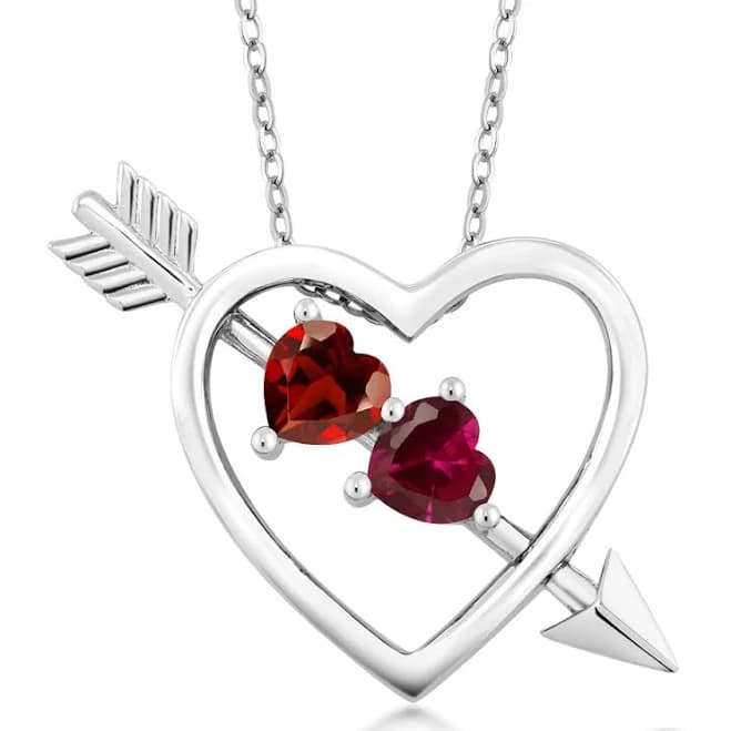 925 Sterling Silver Red Garnet Heart and Arrow Pendant Necklace