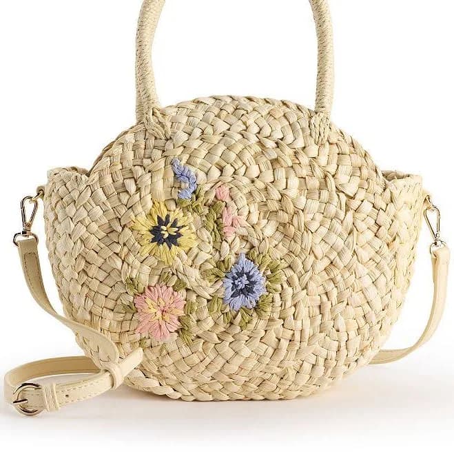 LC Lauren Conrad Jasmine Oval Embroidery Straw Tote Bag, Light Natural Straw