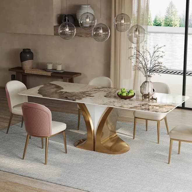 Modern Faux Marble Dining Table with Gold Stainless Steel V-Legs