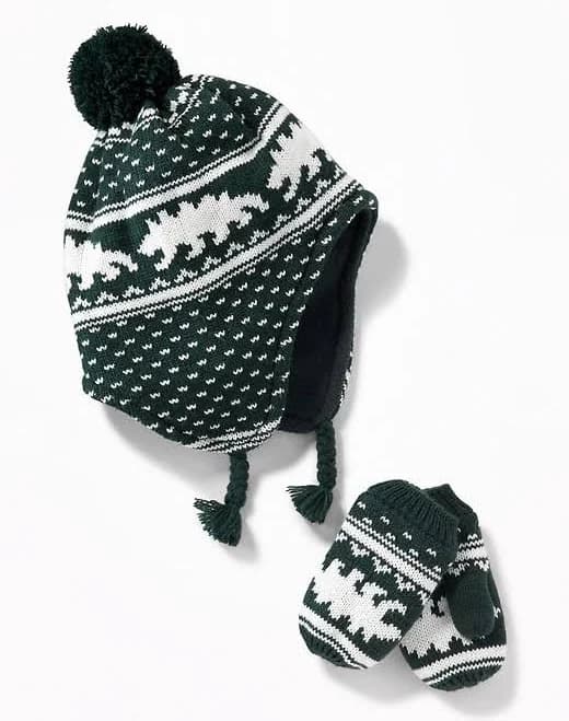 Old Navy Boy's Trapper Hat And Mitten Set - Green - Dinosaurs - S