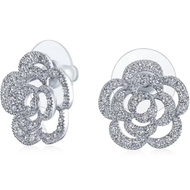 Bling Jewelry 3D Twist Halo Rose Flower Stud Earrings