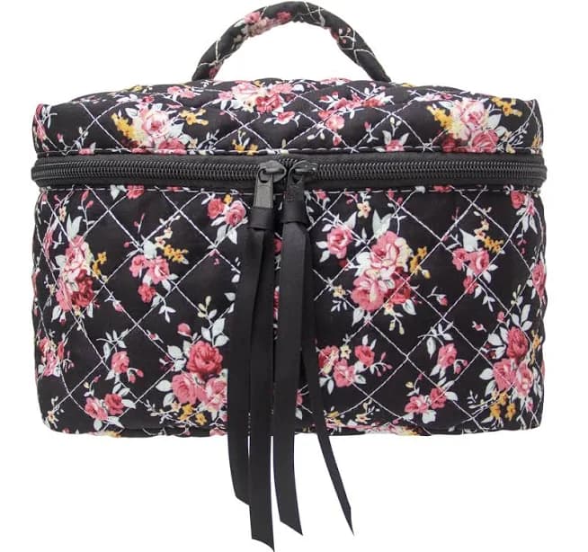 PAZIMIIK Cotton Makeup Bag for Women Large Quilted Travel Cosmetic Case Girls' Make Up Organizer,Rose Black