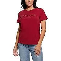 Guess Womens Short Sleeve Crew Neck Stones & Embro Tee, Acid Whimsical Blue, Medium at Amazon Women's Clothing store
