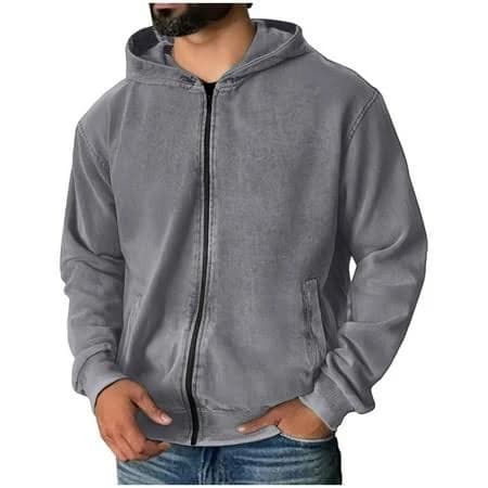Adult Miluxas Mens Zip Up Hoodie Oversized Acid Wash Hoodie Heavyweight Fleece Full Zipper Vintage Sweatshirt Fall Fashion Zip Jacket