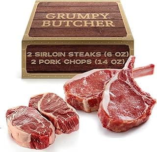 Grumpy Butcher Steaks & Pork Chops Meat Gift Box – 2 Beef Top Sirloin Steaks (6 oz) & 2 Duroc Bone-in Pork Steaks (14 oz) – Grass Fed Sirloin Steak & Gourmet Meat Gift Packages Specials