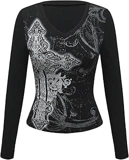 Women's Gothic Graphic T Shirts Crew Neck Long Sleeve Tee Fitted Tops