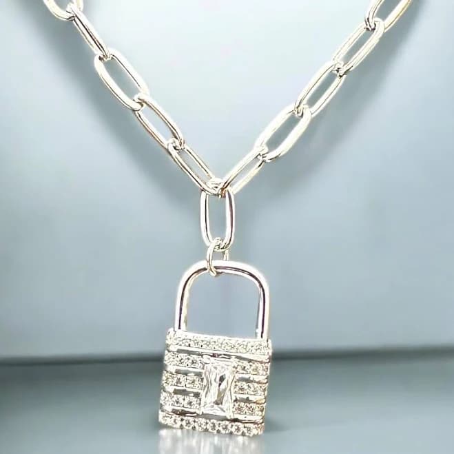 925 Sterling Silver Modern Paperclip CZ Padlock Necklace