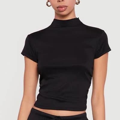 Women's Ribbed Knit Ruched Mock Neck Crop Top