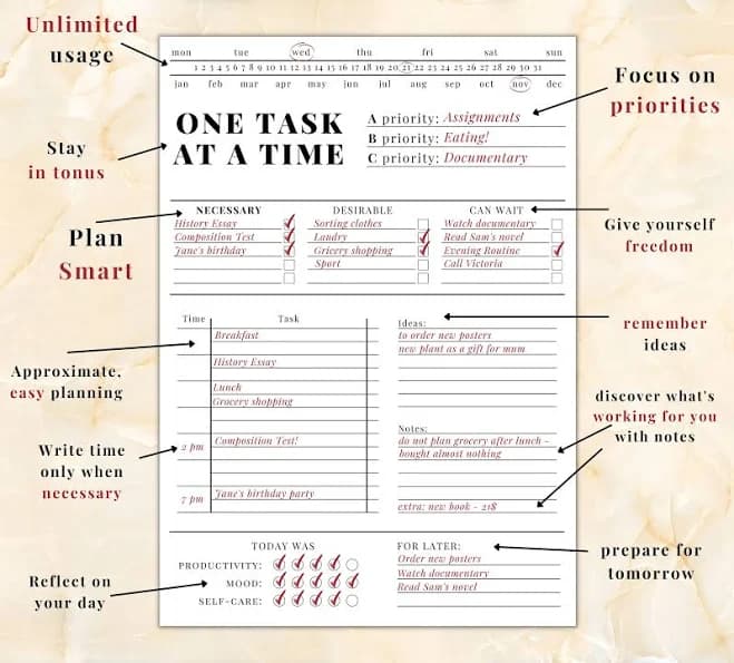 ADHD Daily Planner Printable | Adult ADHD Organizer Productivity Planner | Undated Planner | ADHD Digital | One Task at a Time