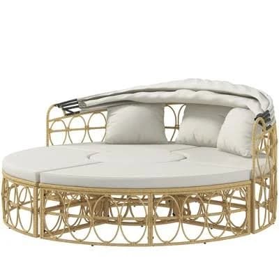 Patio Furniture Set Round Outdoor Daybed Retractable Canopy Hollow Wicker PE Rattan Sectional Sofa