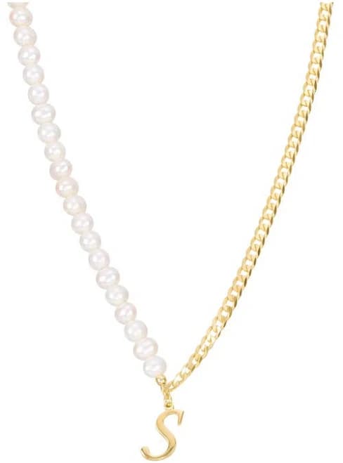 Genuine Freshwater Pearl and Curb Link Initial Pendant Necklace