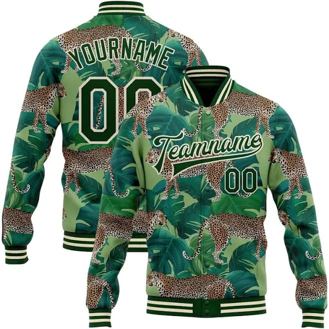 Custom Green Green-Cream Tropical Tiger With Palms 3D Pattern Design Bomber Full-Snap Varsity Letterman