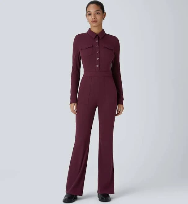 Halara Long Sleeve Waffle Flare Cargo Jumpsuit with Pockets