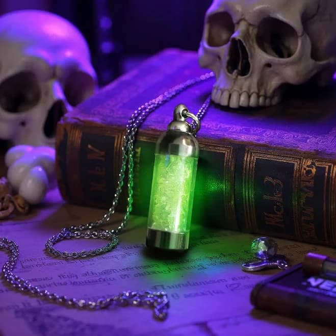 Crushed Uranium Glass Necklace Pendant, Glowing Green Vial, UV Reactive 395nm LED Glow, 20" Stainless Chain, Curiosities & Oddities Necklace