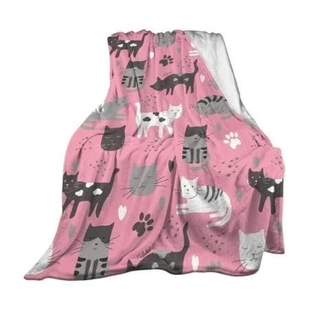Pink Cute Cats Pattern Blanket Soft Fluffy Flannel Throw For Sofa Bed Couch Travel Gift For Cat Lovers Pink Color Cozy Warm