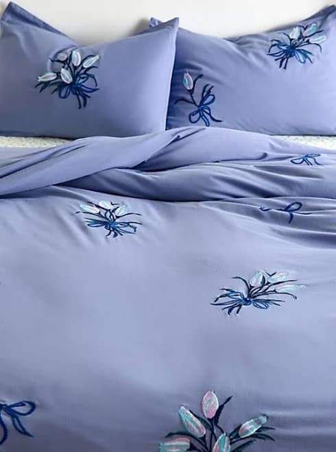 A Bouquet For You Floral Embroidered Duvet Cover in Blue Cotton TWIN/TWIN XL at Urban Outfitters