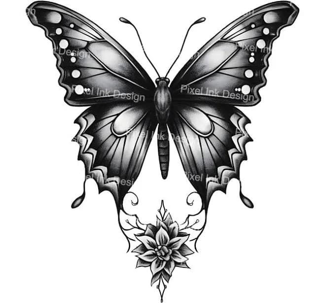 Floral Butterfly Tattoo Design - Download High Resolution Digital Art PNG Transparent Background | Printable SVG Tattoo Stencil