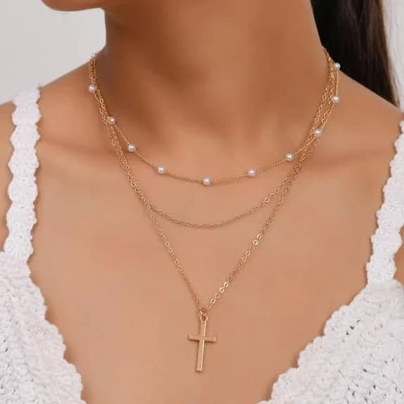Dainty Multi-Layer Pearl Cross Necklace