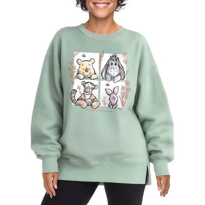 Disney Women's Winnie The Pooh Floral Grid Oversized Fleece Sweatshirt