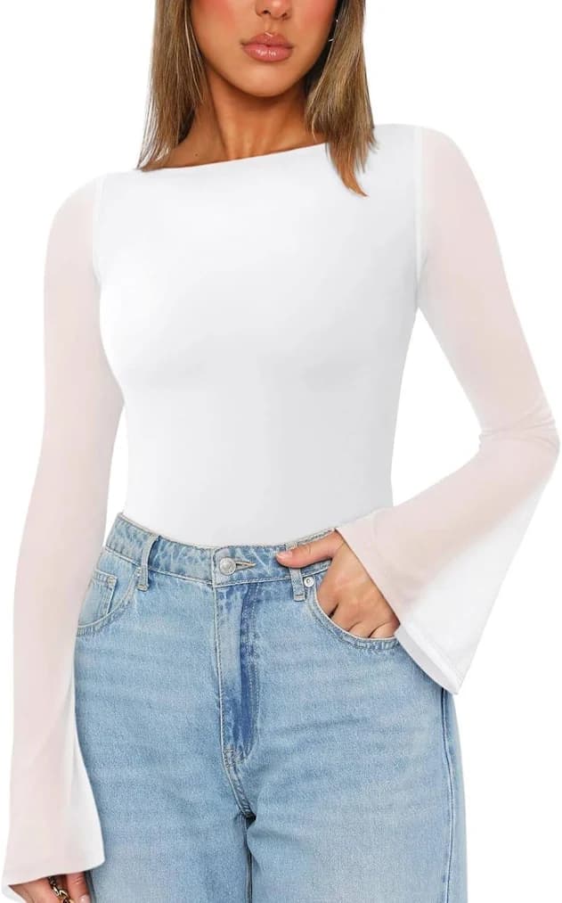 Boat Neck Bell Sleeve Sheer Mesh Going Out Bodysuit Top