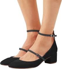 Amazon.com | XYD Womens Retro Mary Jane Block Heel Pumps Velvet Ankle Strap Round Toe Dress Shoes Size 4 Black | Pumps