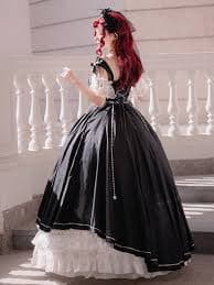 Black and White Boned Corset Bodice Gorgeous Long Train Lolita Dress Full Set