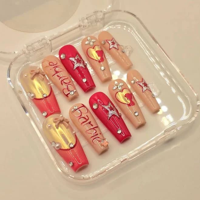 Medium Long Coffin Hot Pink Barbiecore Press On Nails | Y2K Star & Chrome Heart Silhouette Set | Glam Doll Custom Nails | Size S