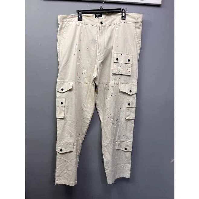 Boohoo Pants | Boohooman Relaxed Fit Paint Splatter Cargo Pant Mens 42 Trouser Zipper Ankle New | Color: Cream | Size: 42 | Kdl0929's Closet