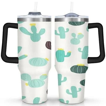 Desert Cactus Art 40oz Tumbler - BPA-Free Double Wall Insulated Travel Mug - Leakproof Lid & Soft Handle - Retro Succulent Design for Commuters &