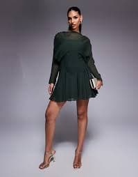 ASOS DESIGN long sleeve blouson mini dress with godets in khaki green | ASOS