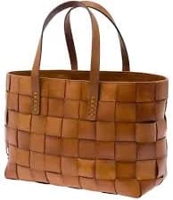 Woven Leather Double Handle Tote Bag - Brown