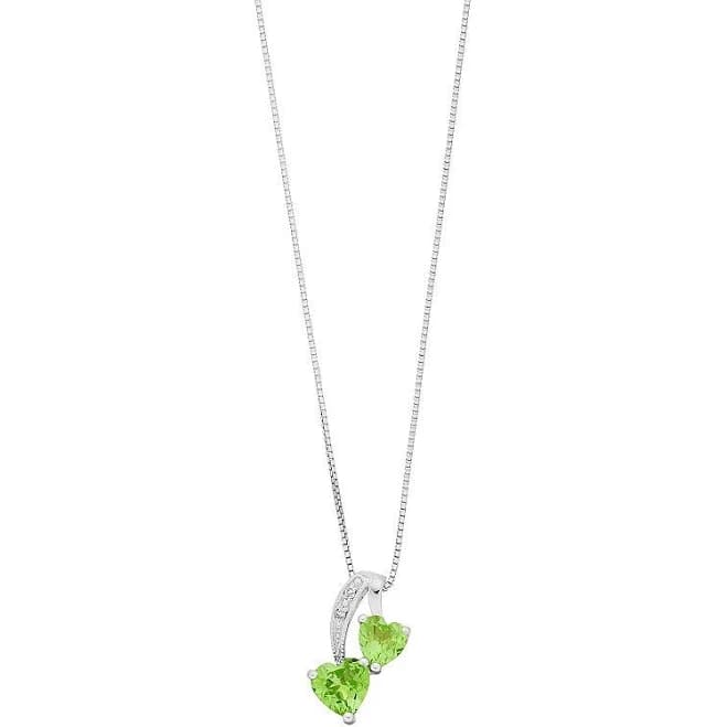Sterling Silver Double Heart Green Peridot Diamond Pendant Necklace