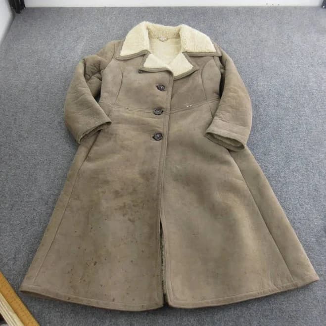 Vintage Shearling Sheepskin Coat Womens Tan Suede Long Button Made
