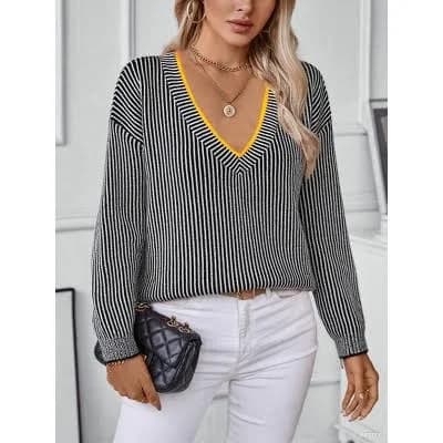 Women's Casual V-Neck Long Sleeve Striped Sweater