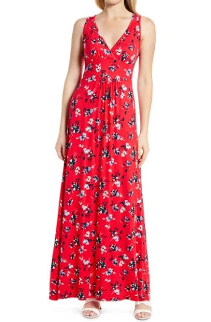 Loveappella Women's Floral V-Neck Jersey Maxi Dress