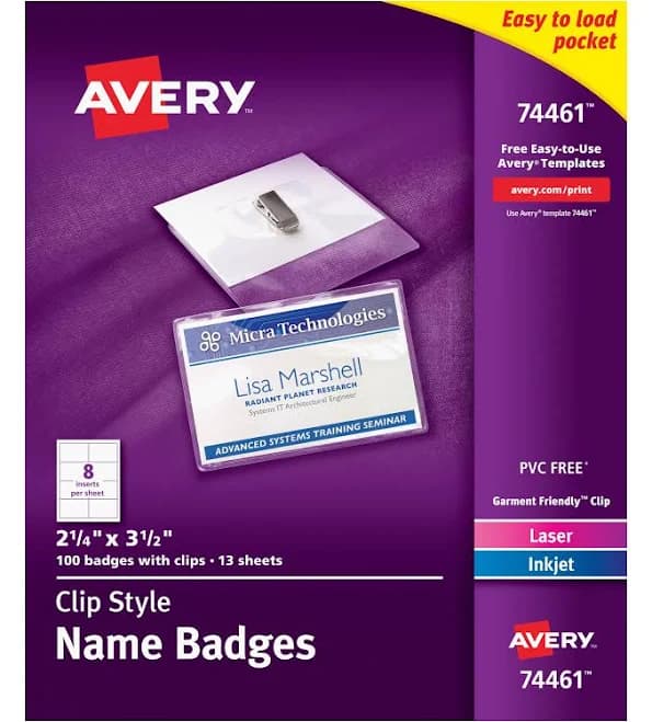 Avery Clip-Style Badge Holder with Laser/Inkjet Insert 74461