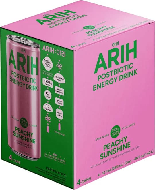 Arih Postbiotic Energy Drink Peachy Sunshine 12 fl oz 4 Pack