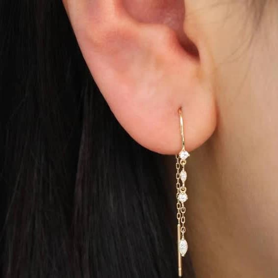 14k Solid Gold Dangle Diamond Chain Threader Chime Earring Clear CZ Earlobe Curved Bar Threader Stud Hook Founding Ear Wire Open Ring